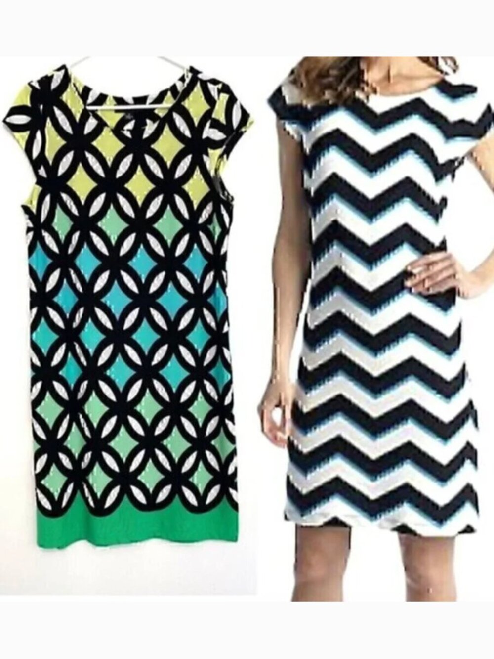 MADISON LEIGH Black White Green Geometric Print Short Cap Sleeve Sheath Dress 12